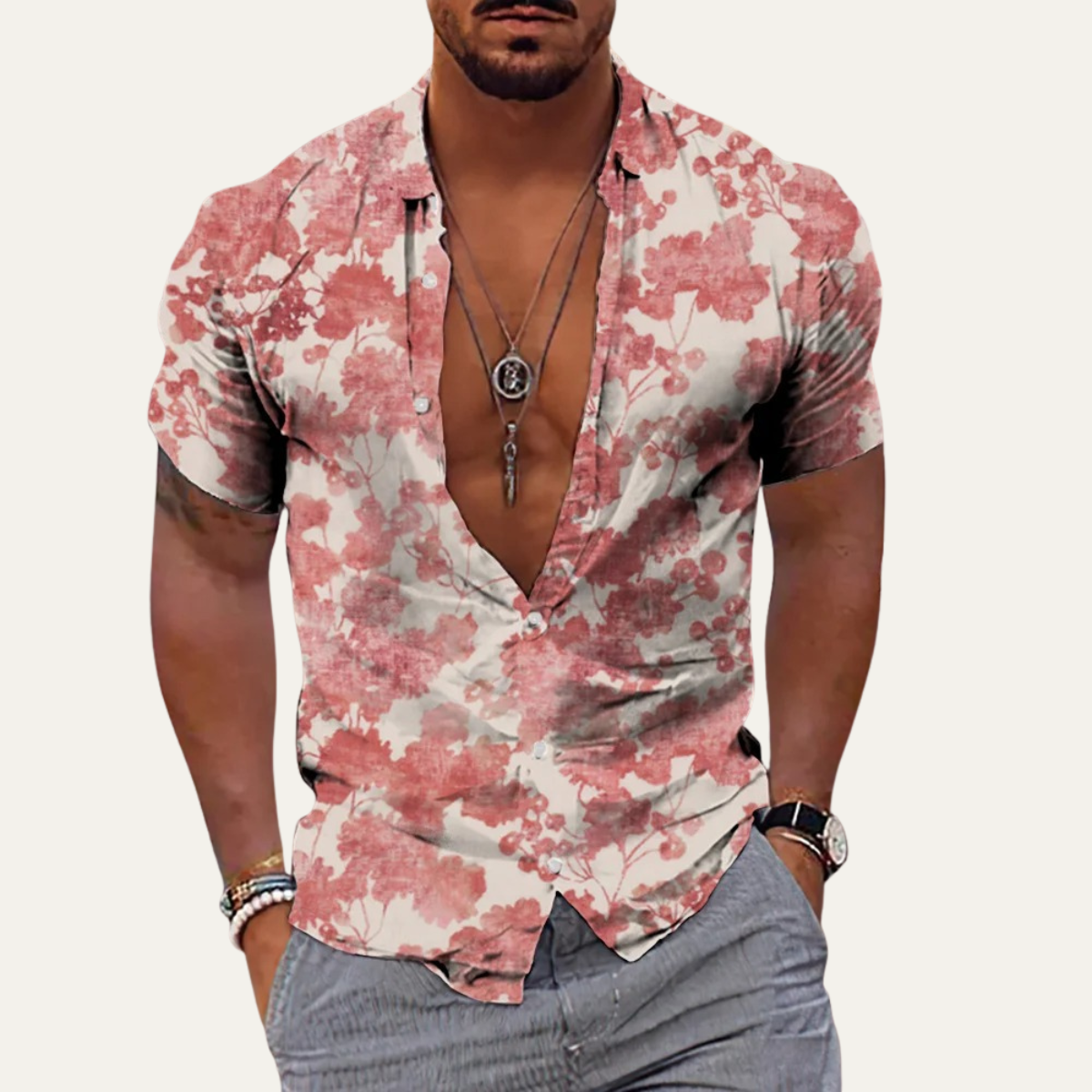 Beau | Men's Floral Print Button Up Shirt Pink Cream