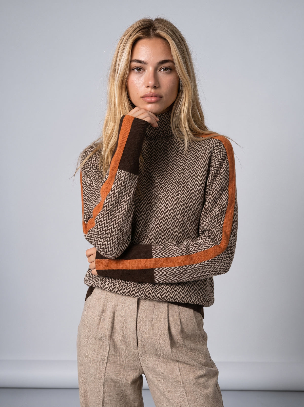Dama Washington Maeve women's chevron knit sweater brown orange colorblock - on model