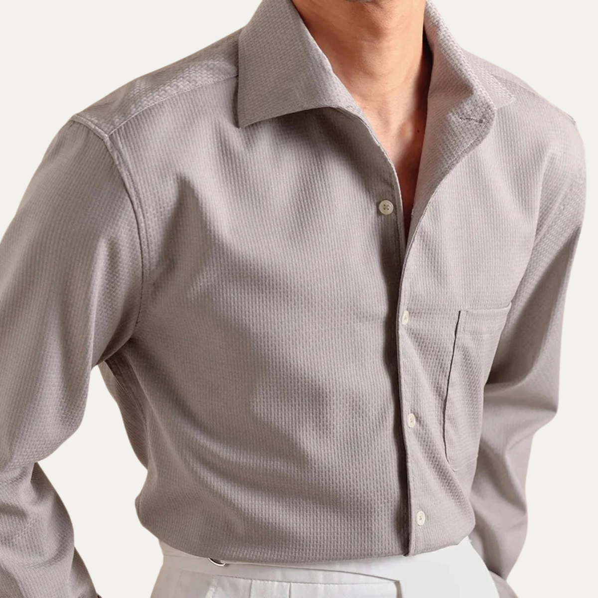 Jude | Men's Dress Shirt Cream Textured Long Sleeve Pocket
