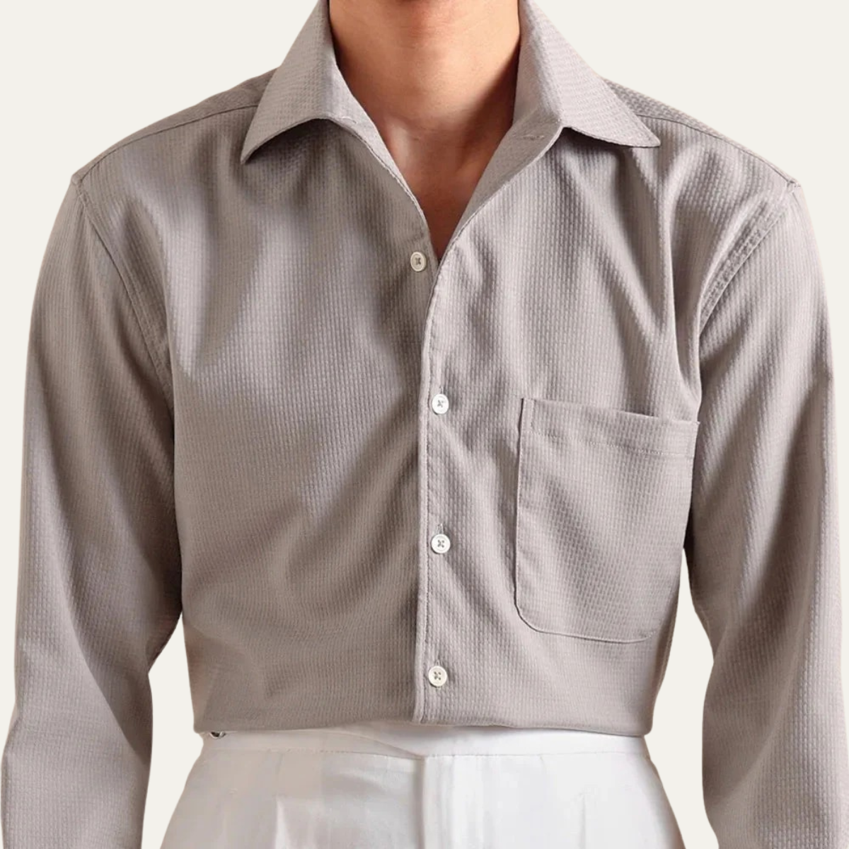 Jude | Men's Dress Shirt Cream Textured Long Sleeve Pocket