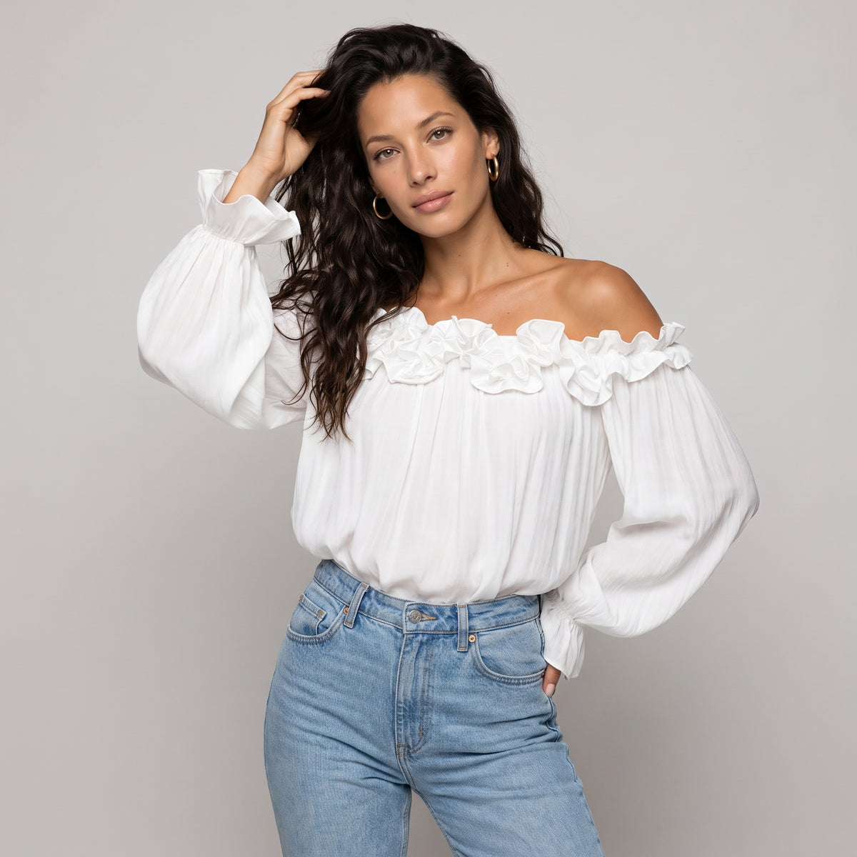 Dama Washington Lola women's off shoulder ruffle blouse white long sleeve - model front view