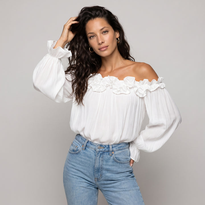 Dama Washington Lola women's off shoulder ruffle blouse white long sleeve - model front view