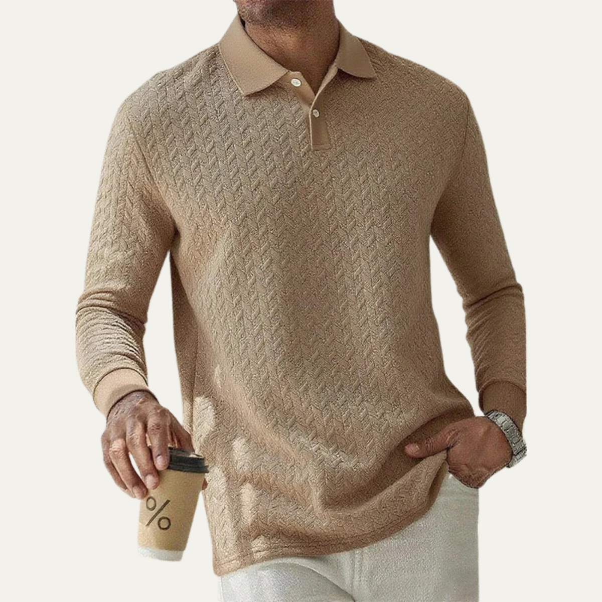 Beau | Men's Cable Knit Polo Sweater Cream Long Sleeve