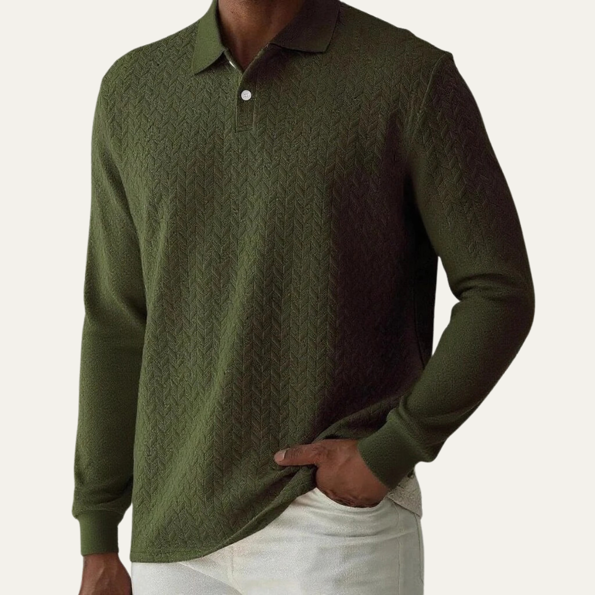 Beau | Men's Cable Knit Polo Sweater Cream Long Sleeve