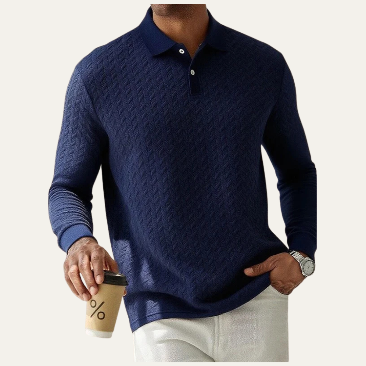 Beau | Men's Cable Knit Polo Sweater Cream Long Sleeve