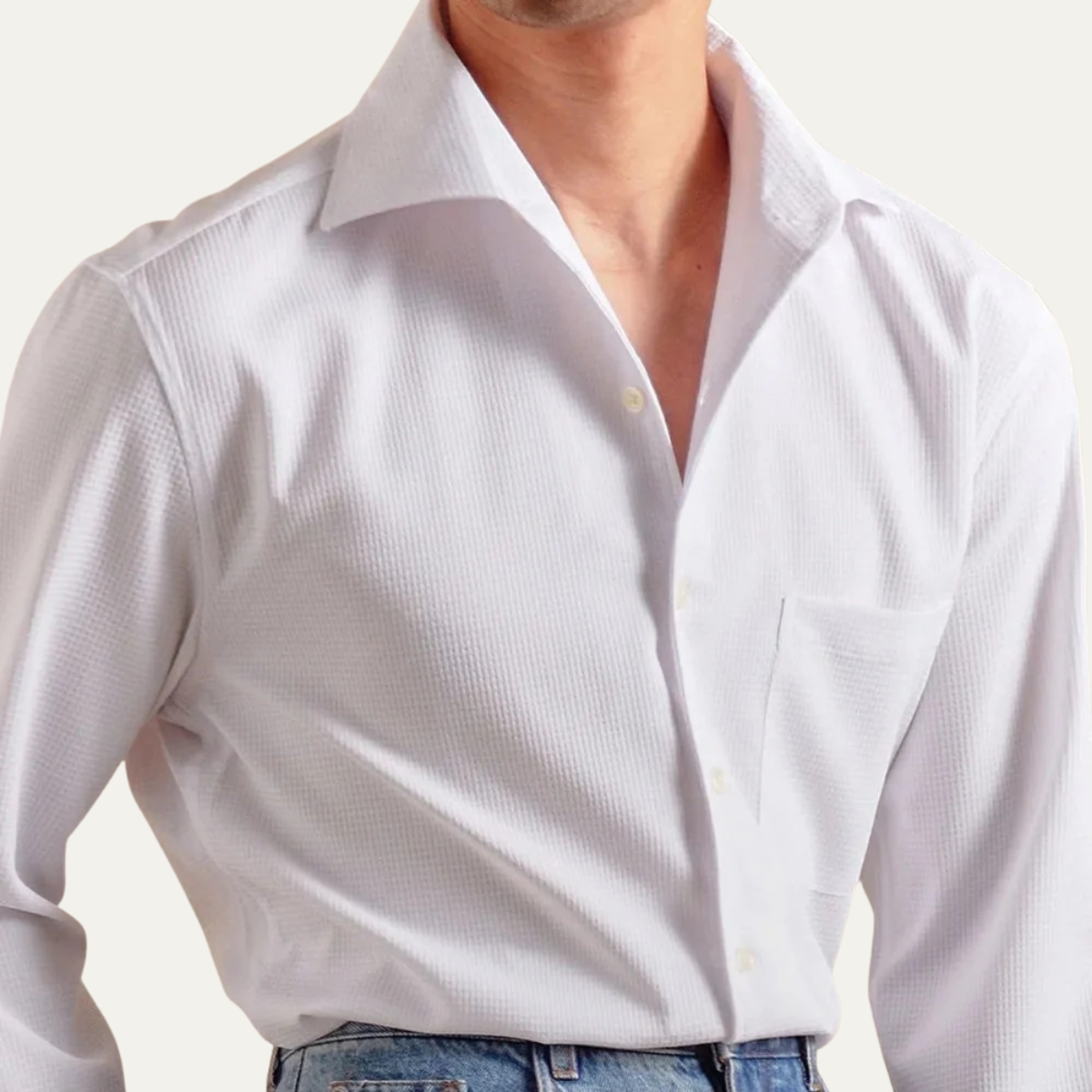 Jude | Men's Dress Shirt Cream Textured Long Sleeve Pocket