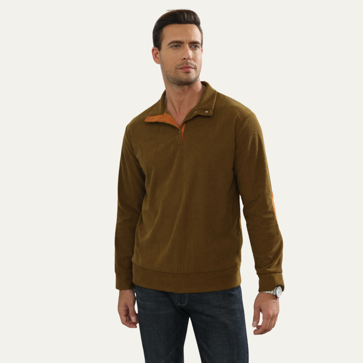 Rowan | Men's Ribbed Knit Quarter Zip Sweater Olive Elbow Patch