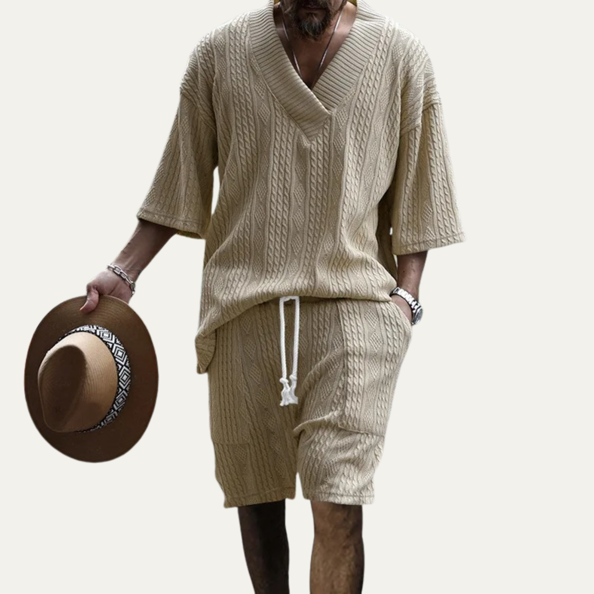 Bram | Men's Lounge Set Light Blue Cable Knit V Neck Shorts