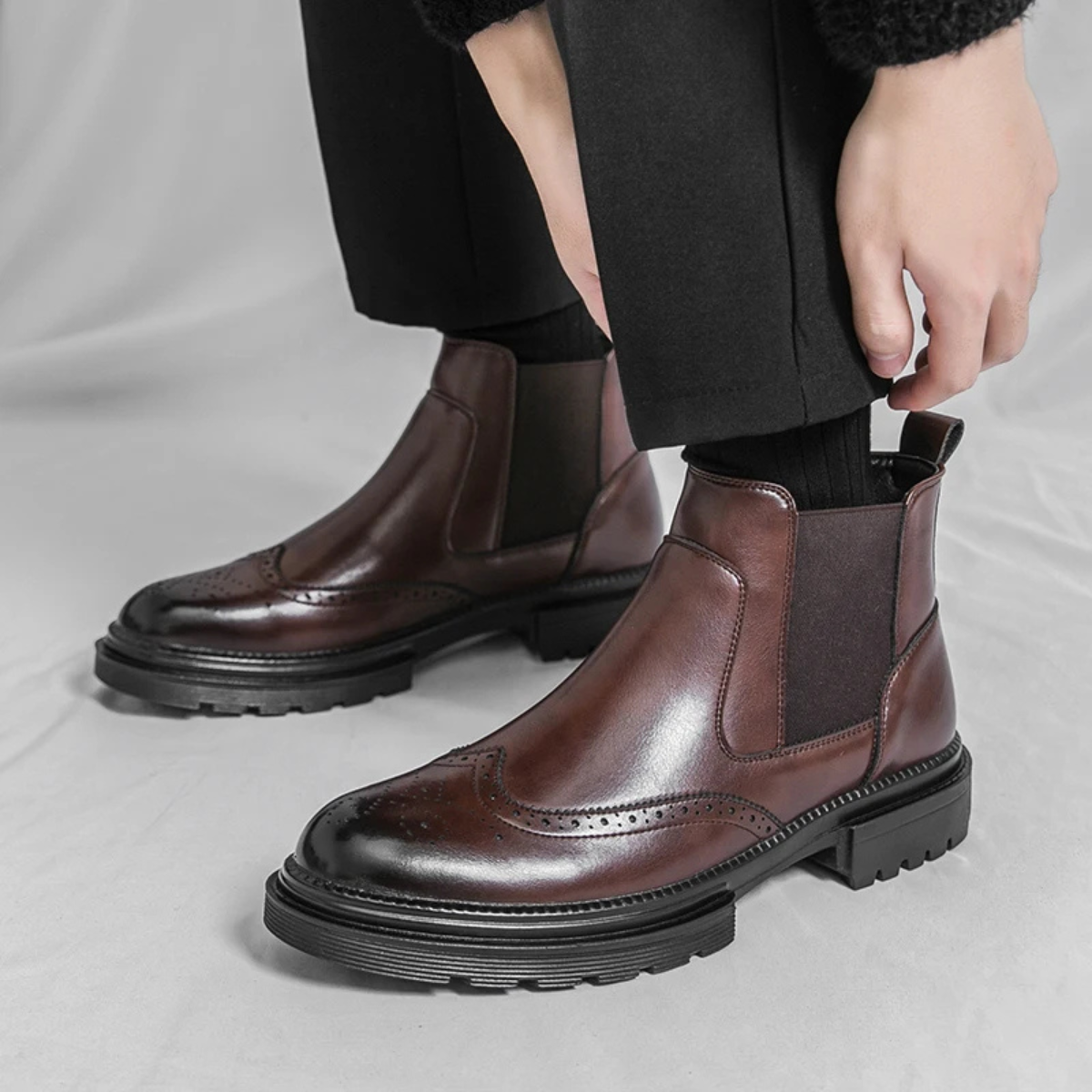 Axel | Men's Brogue Chelsea Boots Brown Leather Lug Sole