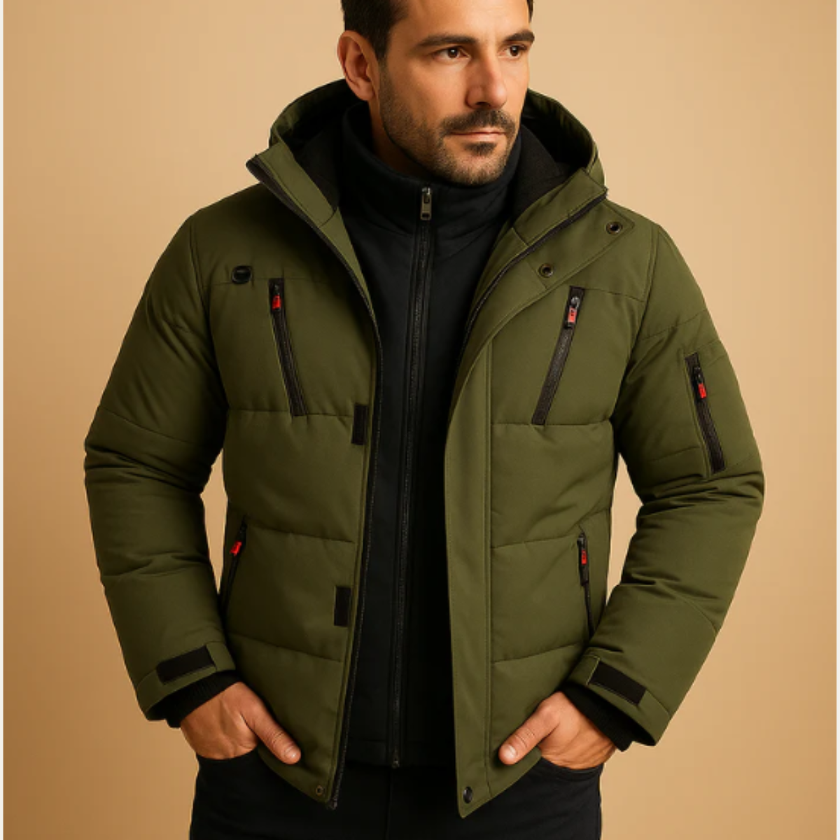 Zain | Men's Puffer Jacket Red Hooded Quilted Winter Coat