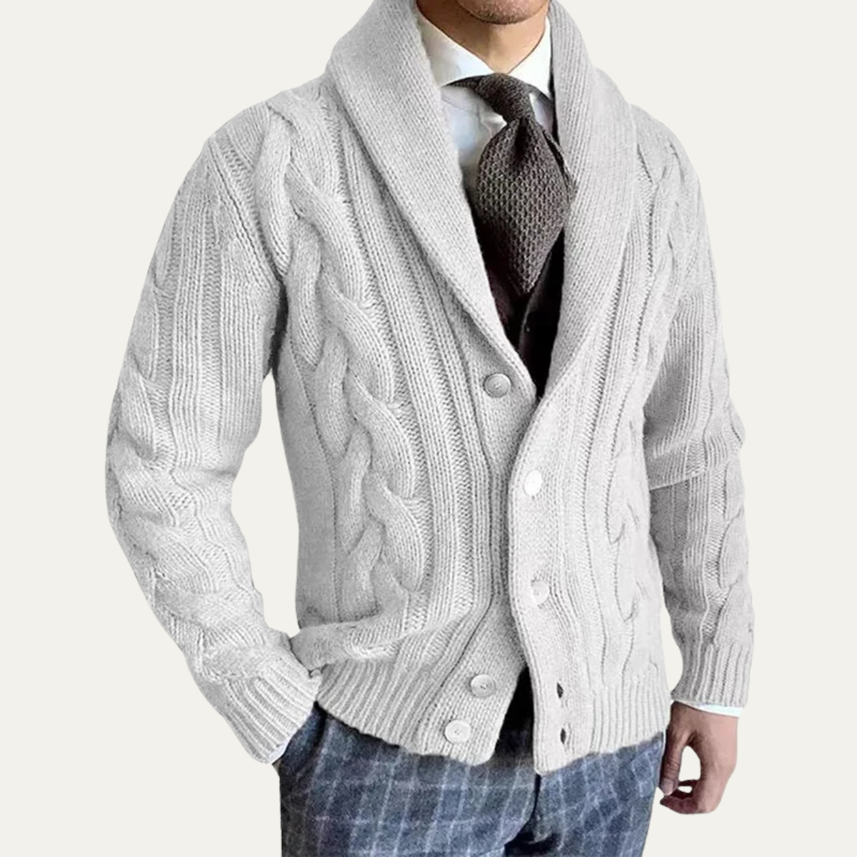 Beau | Men's Cable Knit Cardigan Cream Shawl Collar Button Up