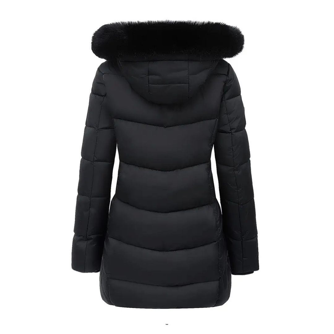 Alma | Women's Puffer Coat Black Faux Fur Collar Hood