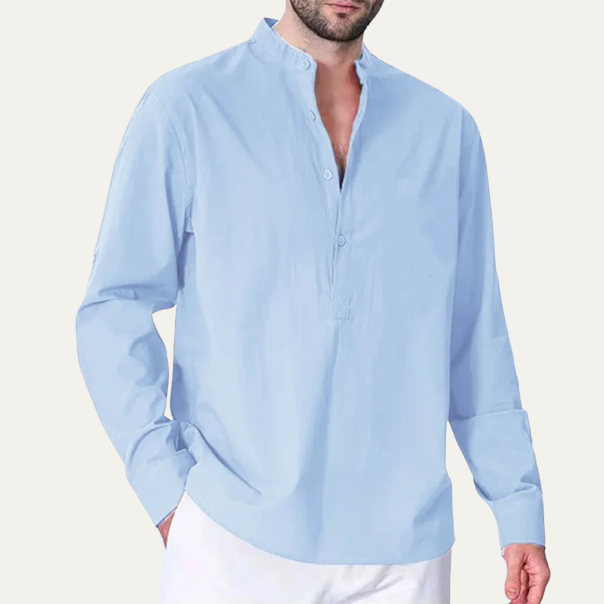 Ezra | Men's Linen Mandarin Collar Shirt Light Blue Long Sleeve