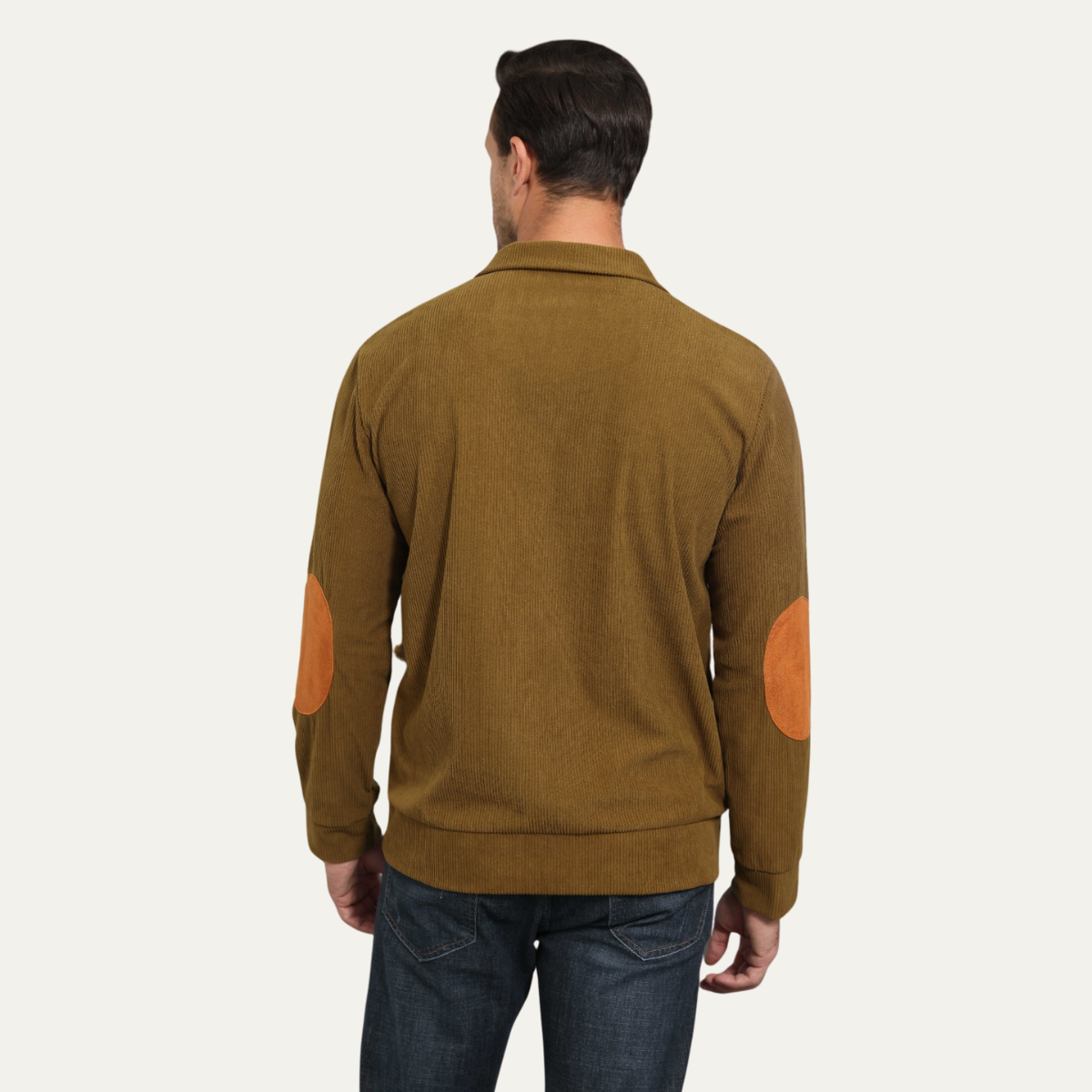 Rowan | Men's Ribbed Knit Quarter Zip Sweater Olive Elbow Patch