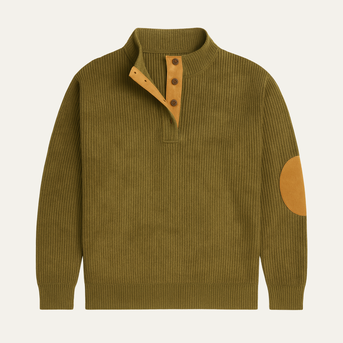 Rowan | Men's Ribbed Knit Quarter Zip Sweater Olive Elbow Patch