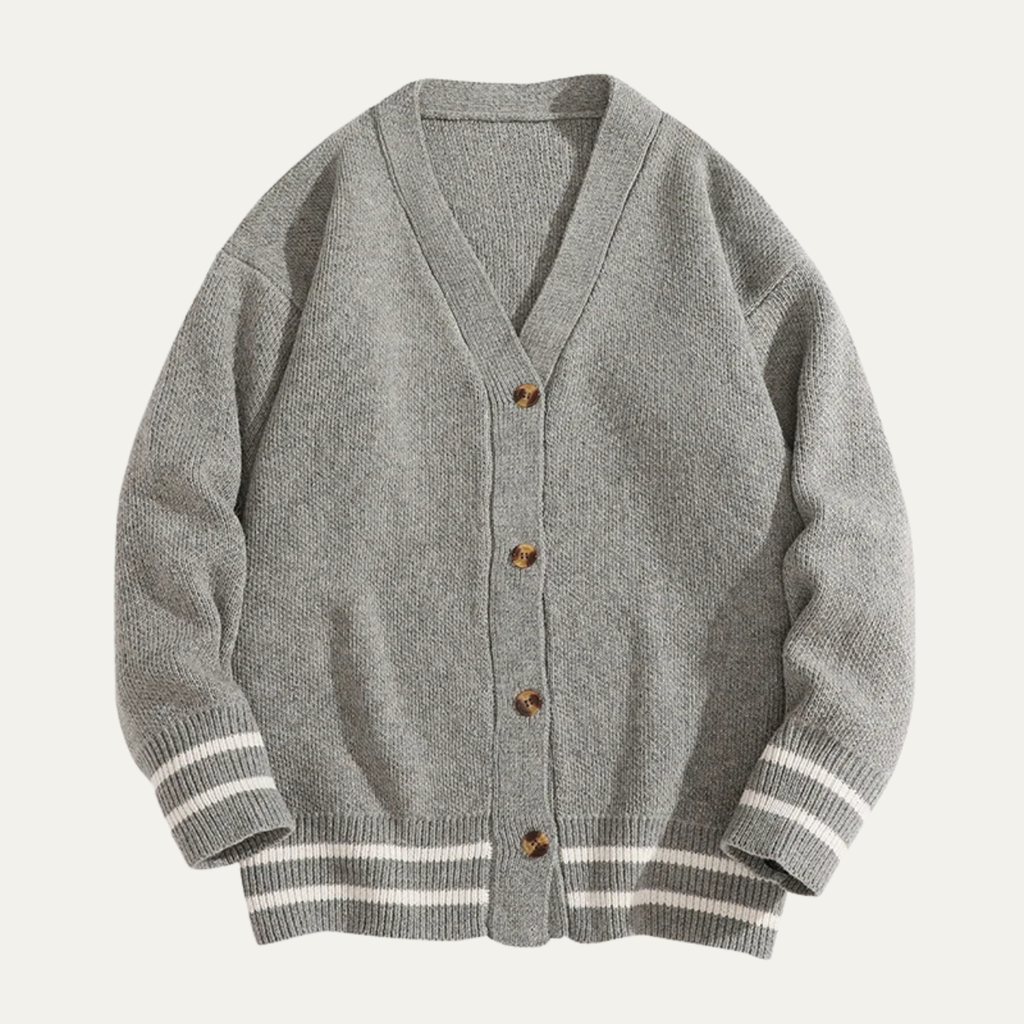 Dama Washington Beau men's casual cardigan gray white stripe knit - front view
