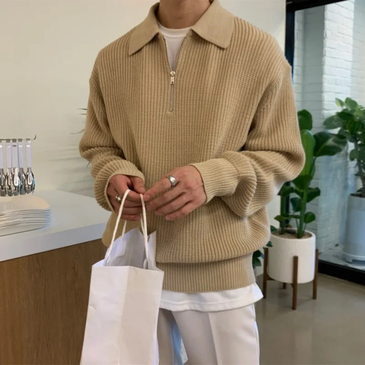 Ash | Men's Quarter Zip Sweater Cream Waffle Knit