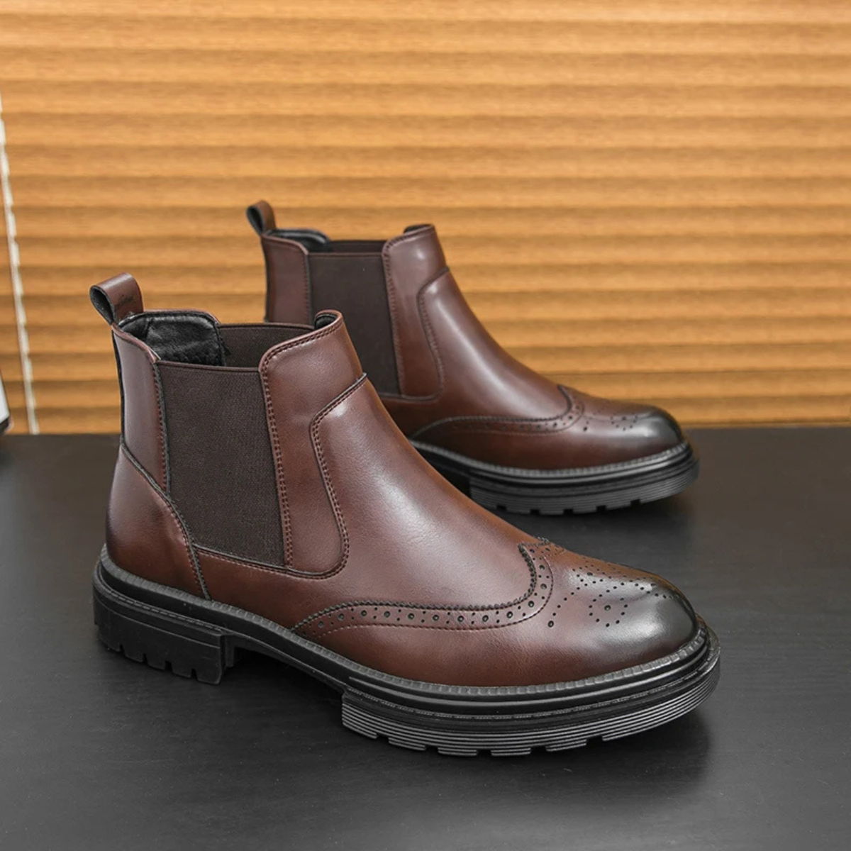 Axel | Men's Brogue Chelsea Boots Brown Leather Lug Sole
