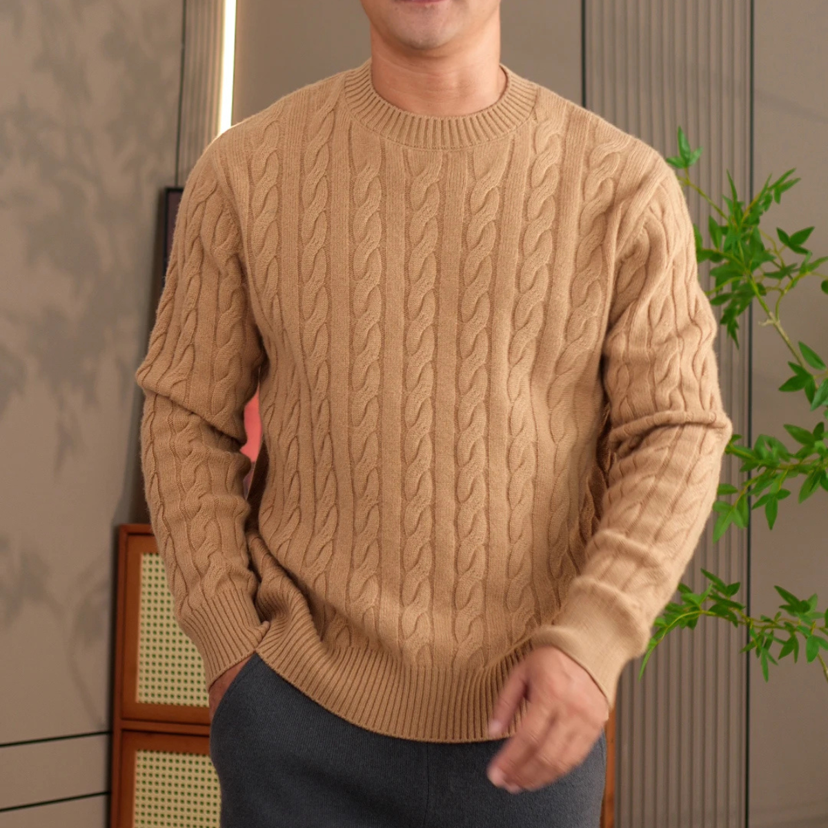Mia | Men's Cable Knit Sweater Cream Crew Neck