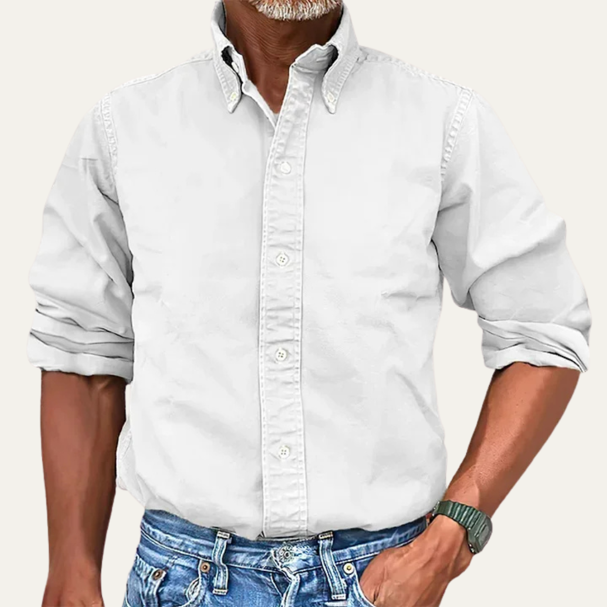Wade | Men's Button Up Shirt Cream Long Sleeve Collared