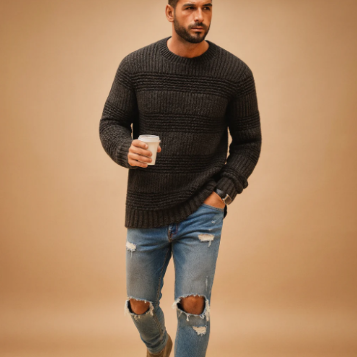 Asher | Men's Cable Knit Sweater Navy Crew Neck