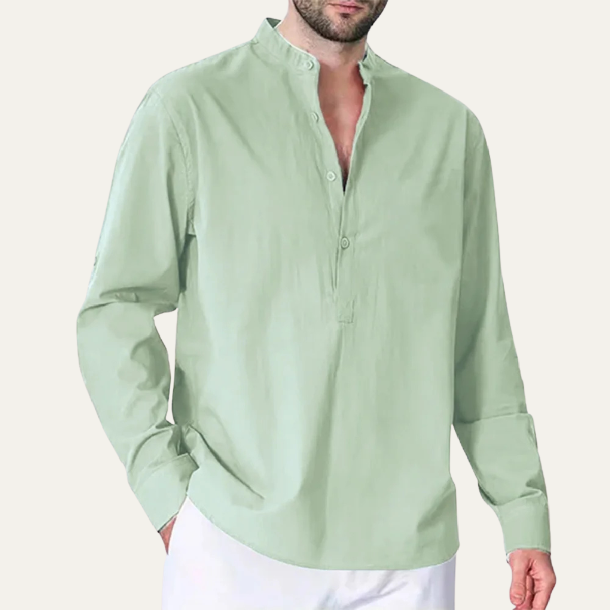 Ezra | Men's Linen Mandarin Collar Shirt Light Blue Long Sleeve
