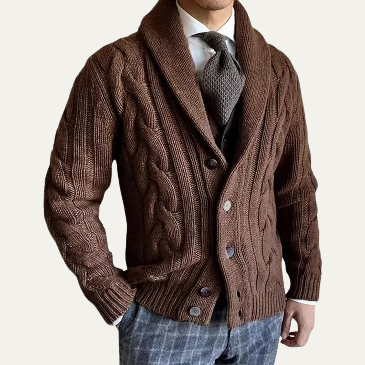 Beau | Men's Cable Knit Cardigan Cream Shawl Collar Button Up