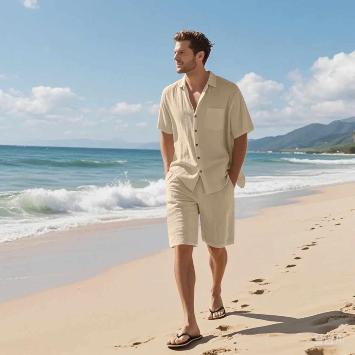 Dama Washington Luca men's casual linen shirt shorts set cream - front view