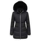 Dama Washington Alma women's puffer coat black faux fur collar hood - front view