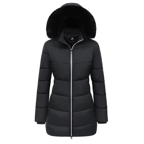 Dama Washington Alma women's puffer coat black faux fur collar hood - front view