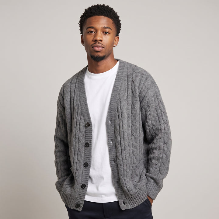 Dama Washington Bram men's oversized cardigan gray cable knit button up - model front view