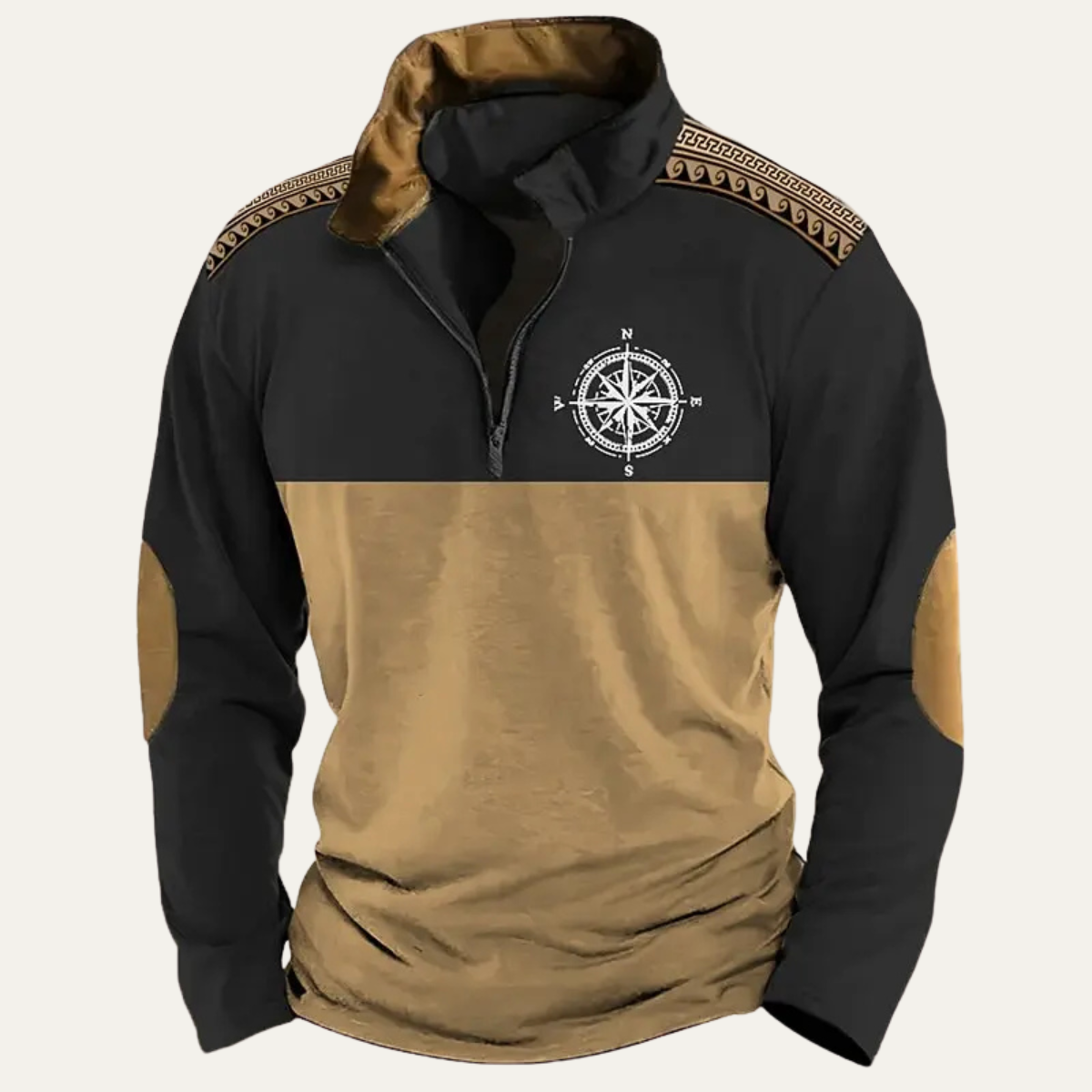 Rowan | Men's Vintage Quarter Zip Sweater Beige Black Compass Embroidered