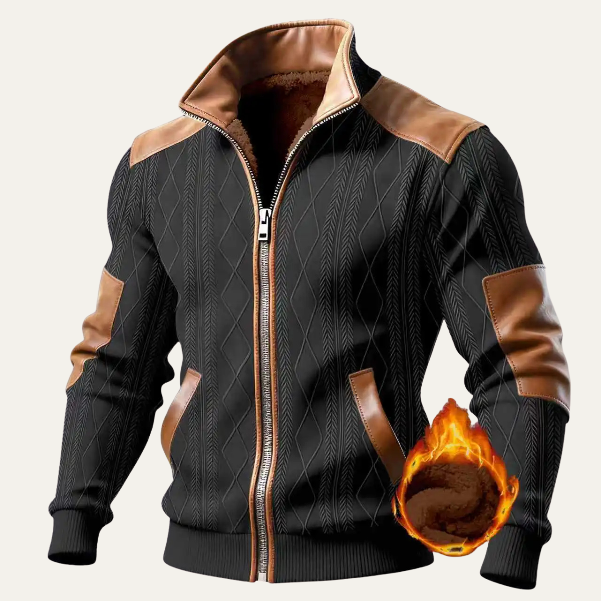 Beau | Men's Quilted Fleece Lined Zip Up Jacket Beige