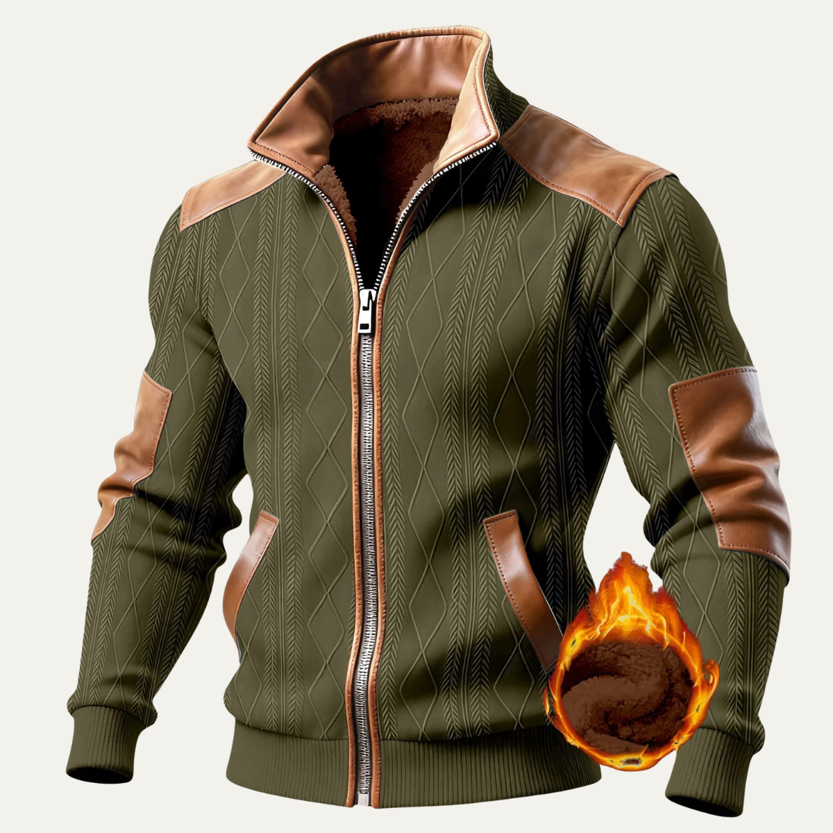 Beau | Men's Quilted Fleece Lined Zip Up Jacket Beige