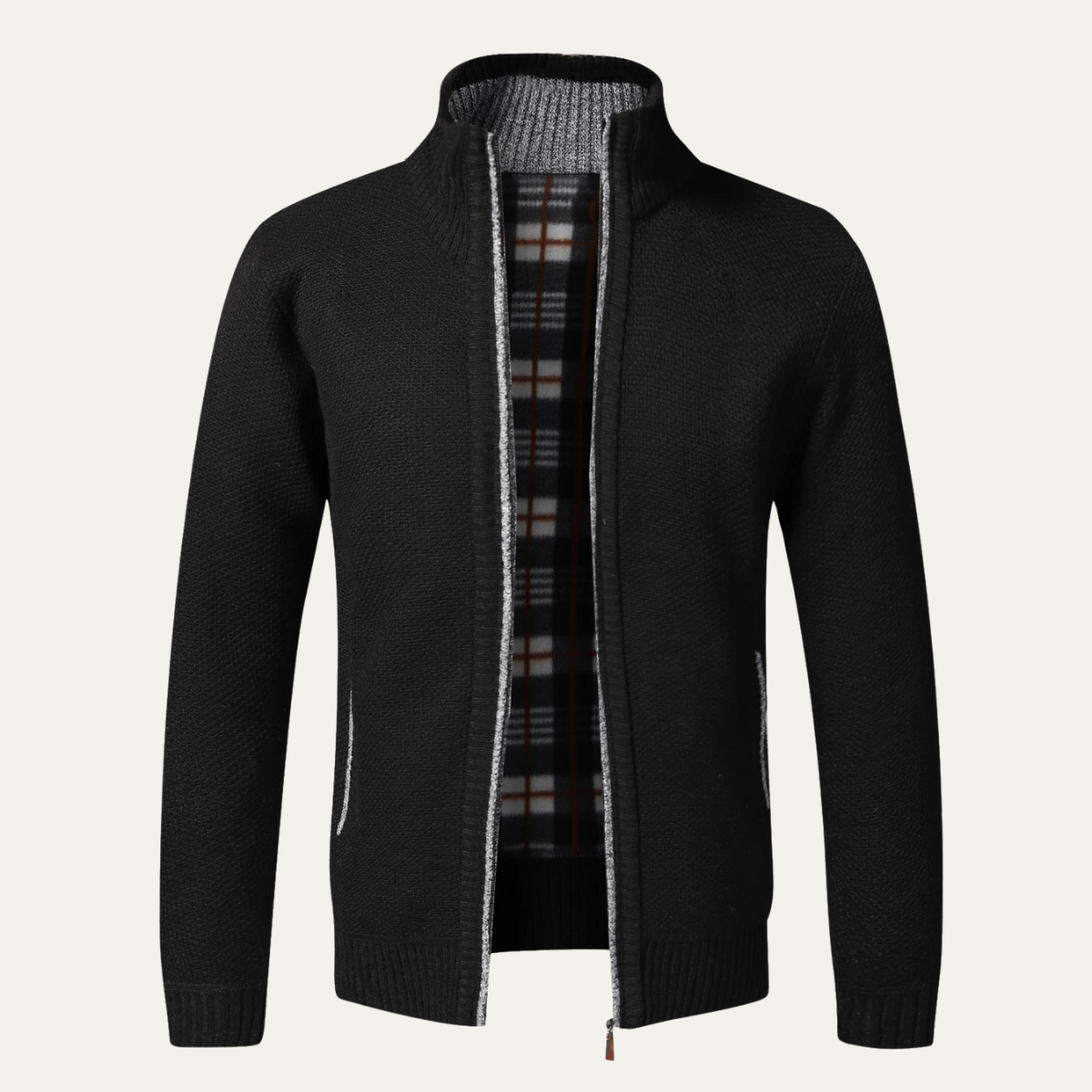 Rowan | Men's Zip Up Cardigan Black With Plaid Lining Warm