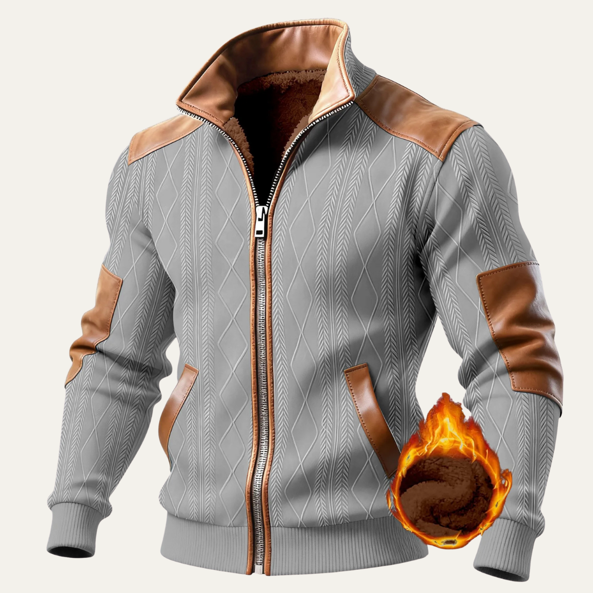 Beau | Men's Quilted Fleece Lined Zip Up Jacket Beige