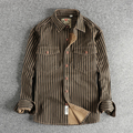 Dama Washington Beau men's vintage striped button up shirt brown cream - front view