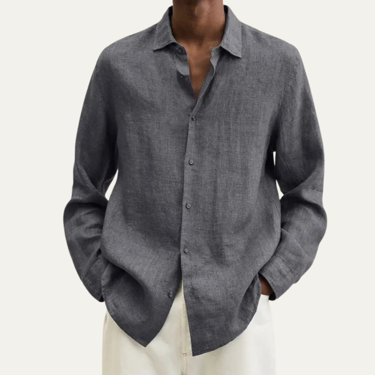 Jude | Men's Casual Linen Button Up Shirt Cream Long Sleeve