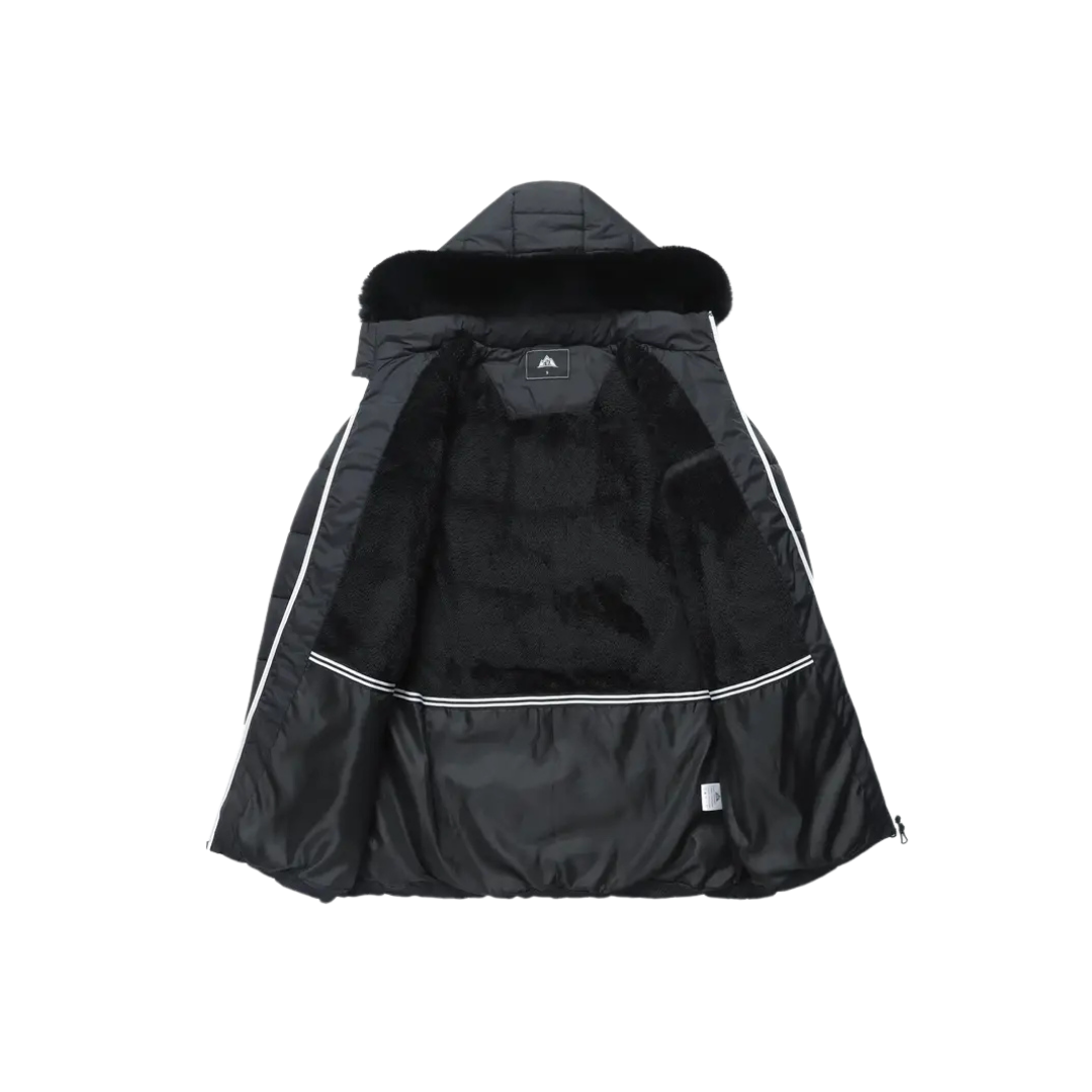 Alma | Women's Puffer Coat Black Faux Fur Collar Hood