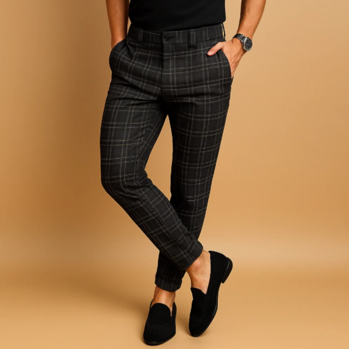 Tate | Men's Smart Casual Check Slim Fit Pants Black