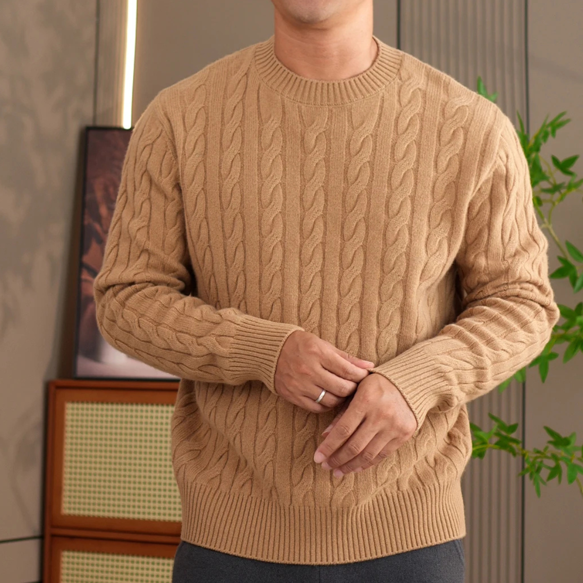 Mia | Men's Cable Knit Sweater Cream Crew Neck