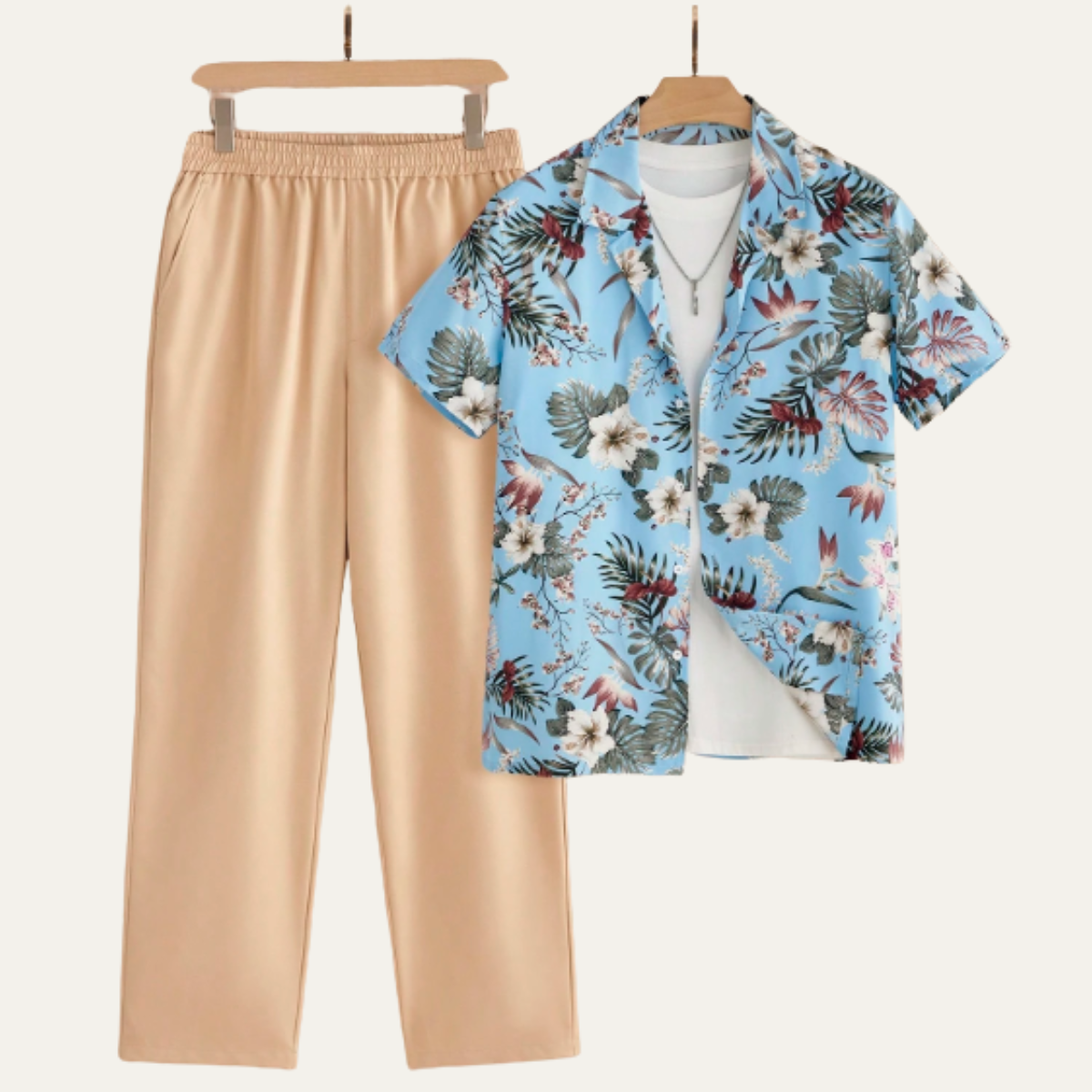 Callum | Men's Casual Linen Set Cream Short Sleeve Button Up Shirt And Beige Pants