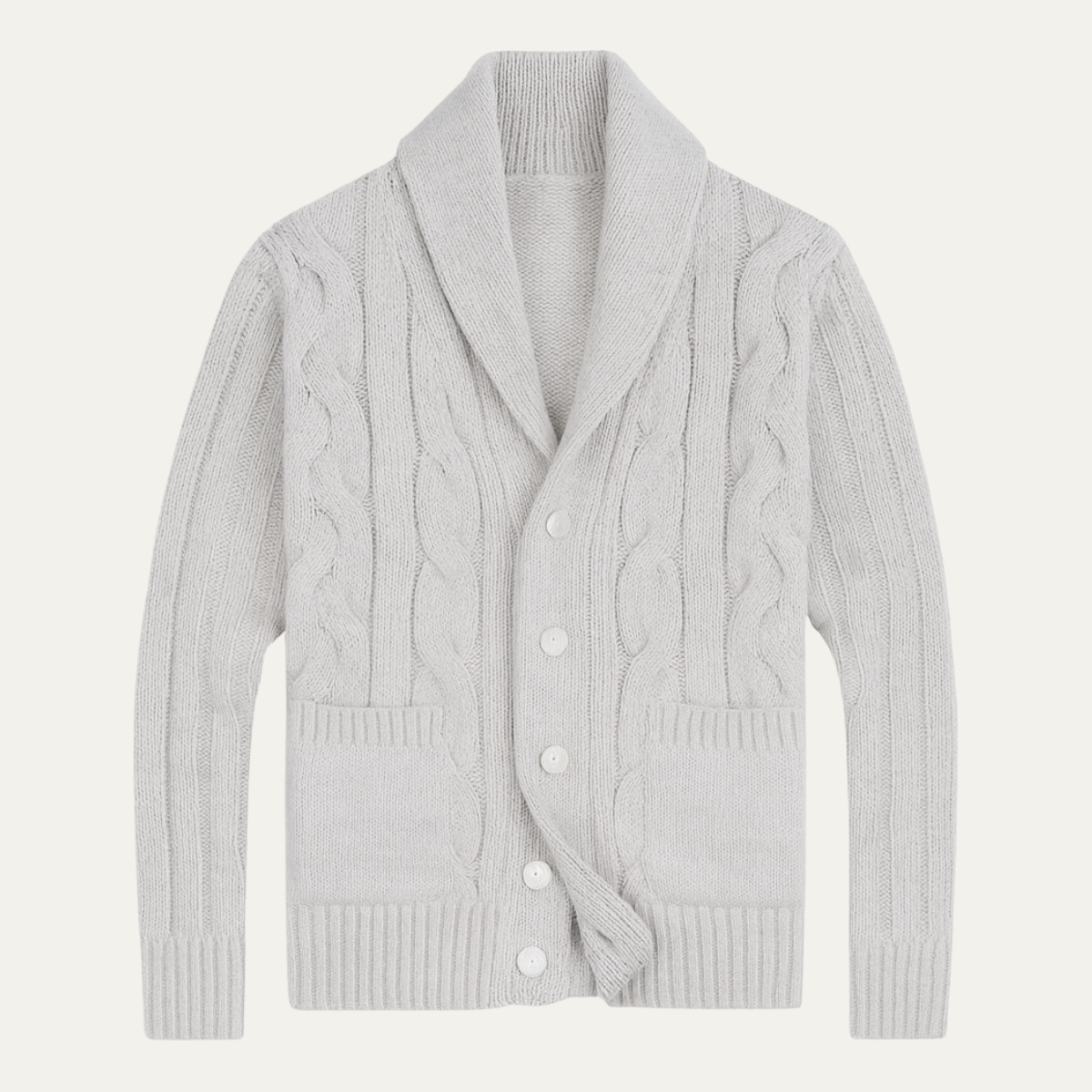 Beau | Men's Cable Knit Cardigan Cream Shawl Collar Button Up