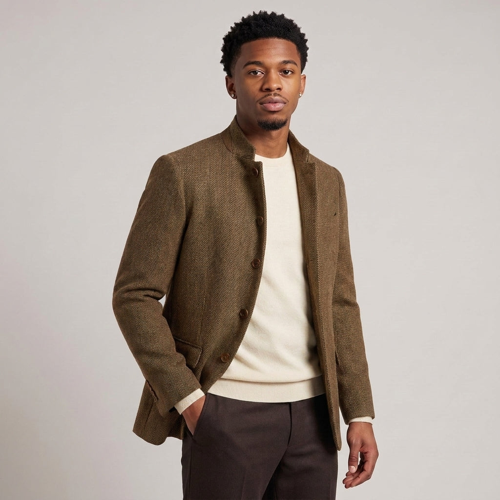 Dama Washington Callum herringbone wool blazer Coffee - model front view