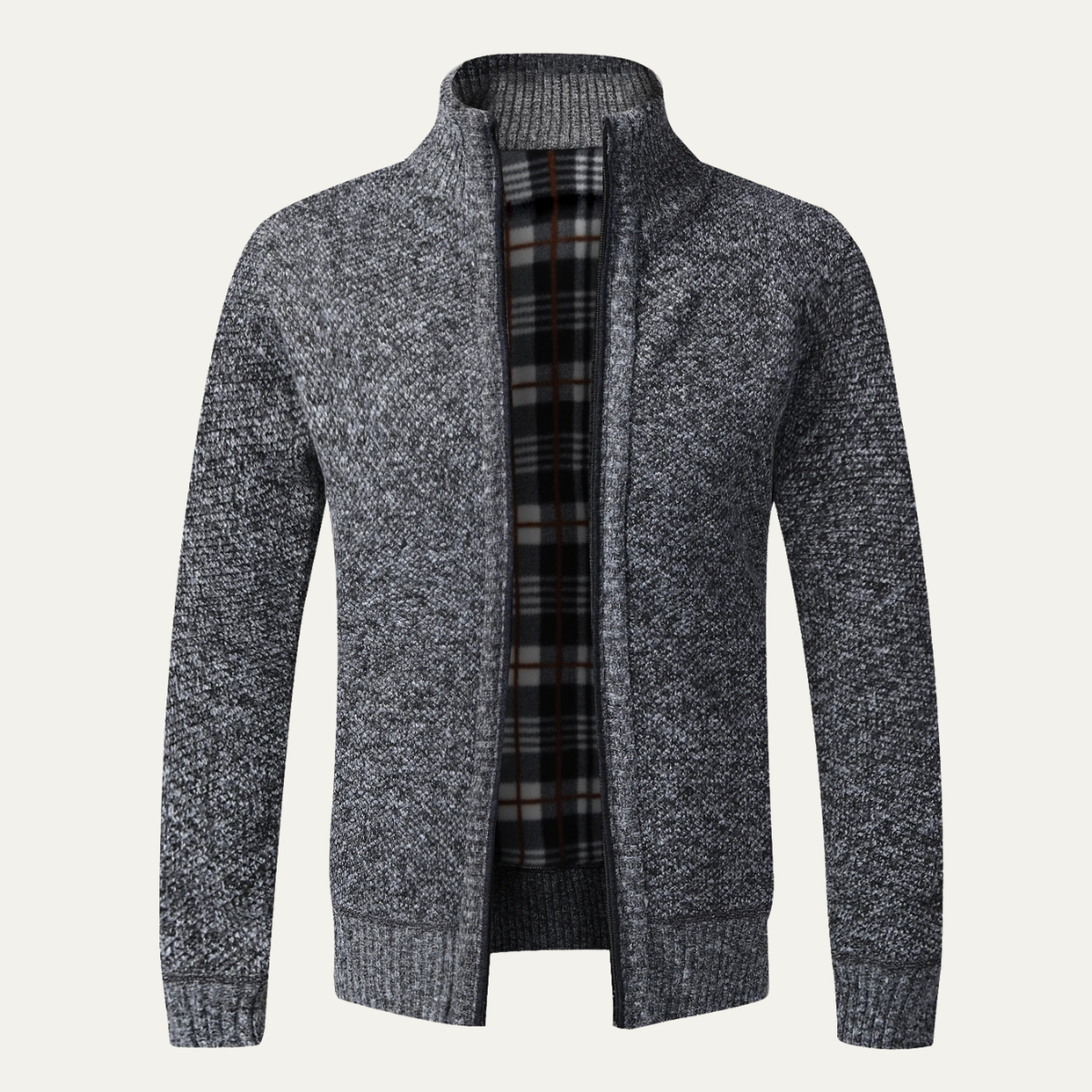 Rowan | Men's Zip Up Cardigan Black With Plaid Lining Warm