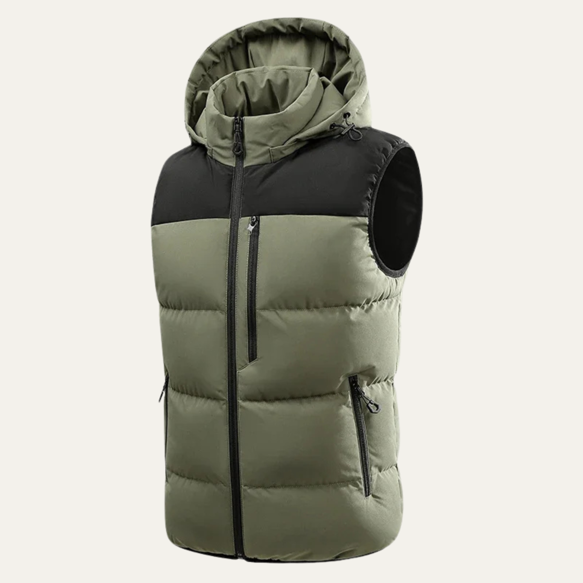 Roan | Men's Puffer Vest Beige Black Hooded Zip Pockets