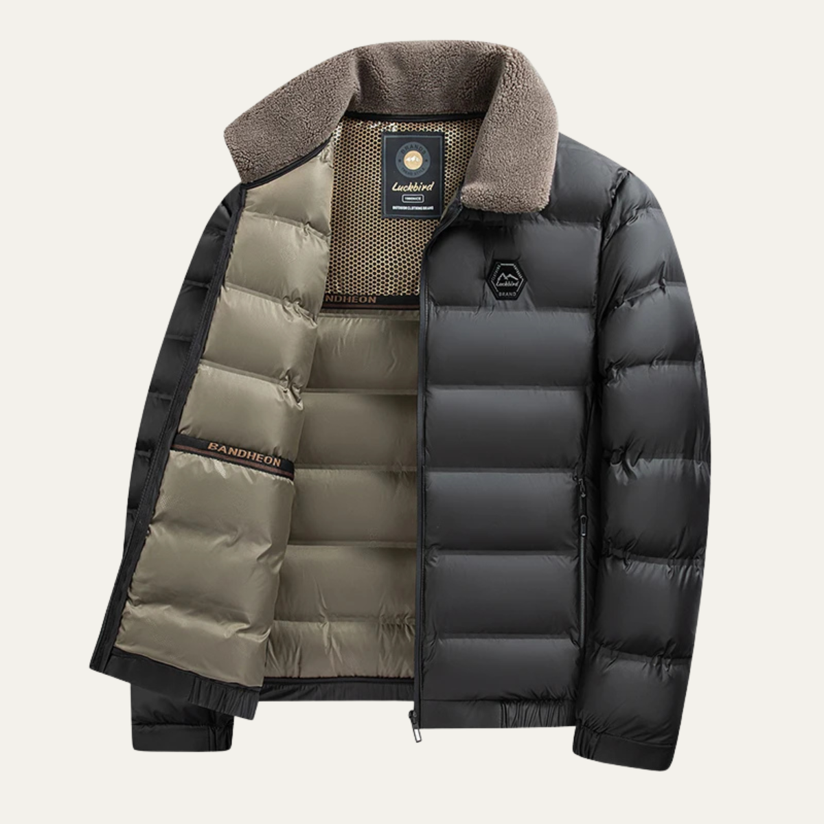 Ezra | Men's Puffer Jacket Black Sherpa Collar Quilted