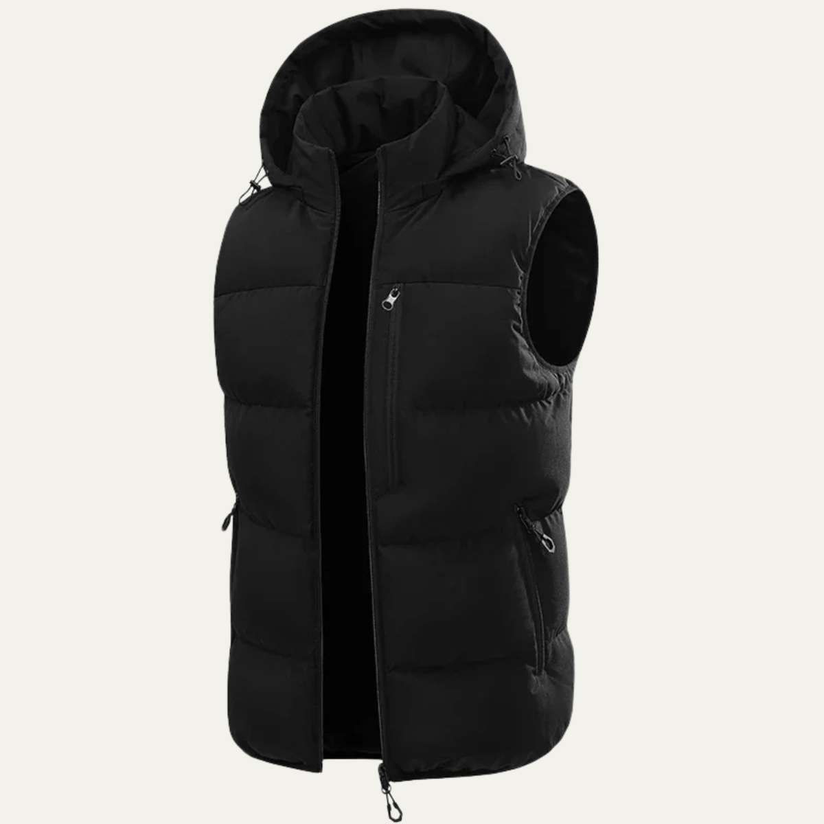 Roan | Men's Puffer Vest Beige Black Hooded Zip Pockets
