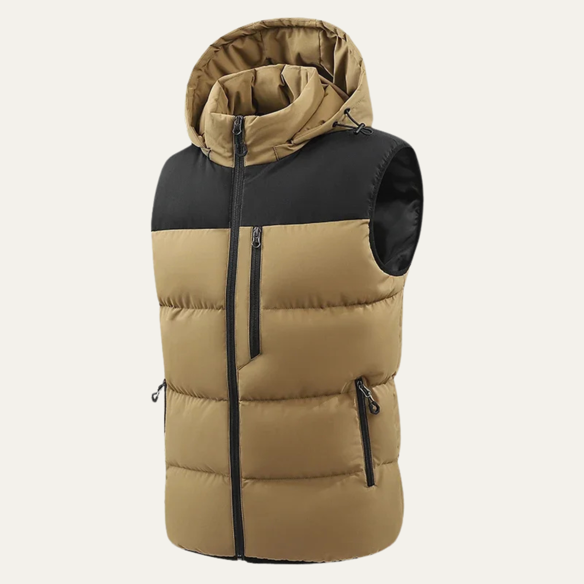 Roan | Men's Puffer Vest Beige Black Hooded Zip Pockets