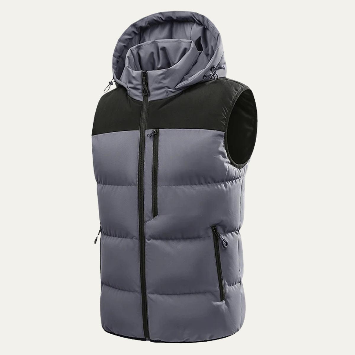 Roan | Men's Puffer Vest Beige Black Hooded Zip Pockets